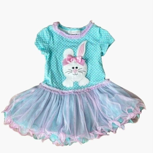 Bonnie Jean Easter Bunny Appliqued Blue White Polka Dot Dress Girls Size 24 mont - Picture 1 of 6